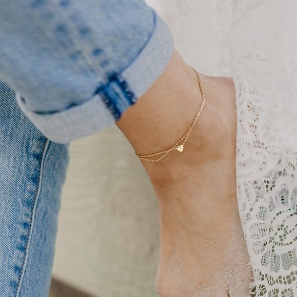 "Ankle Bracelets, Letter- G, 14K Gold Plated Dainty Layered Heart , ELDM22105G - Picture 4 of 8